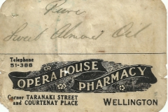 Opera House Pharmacy Label. Wellington